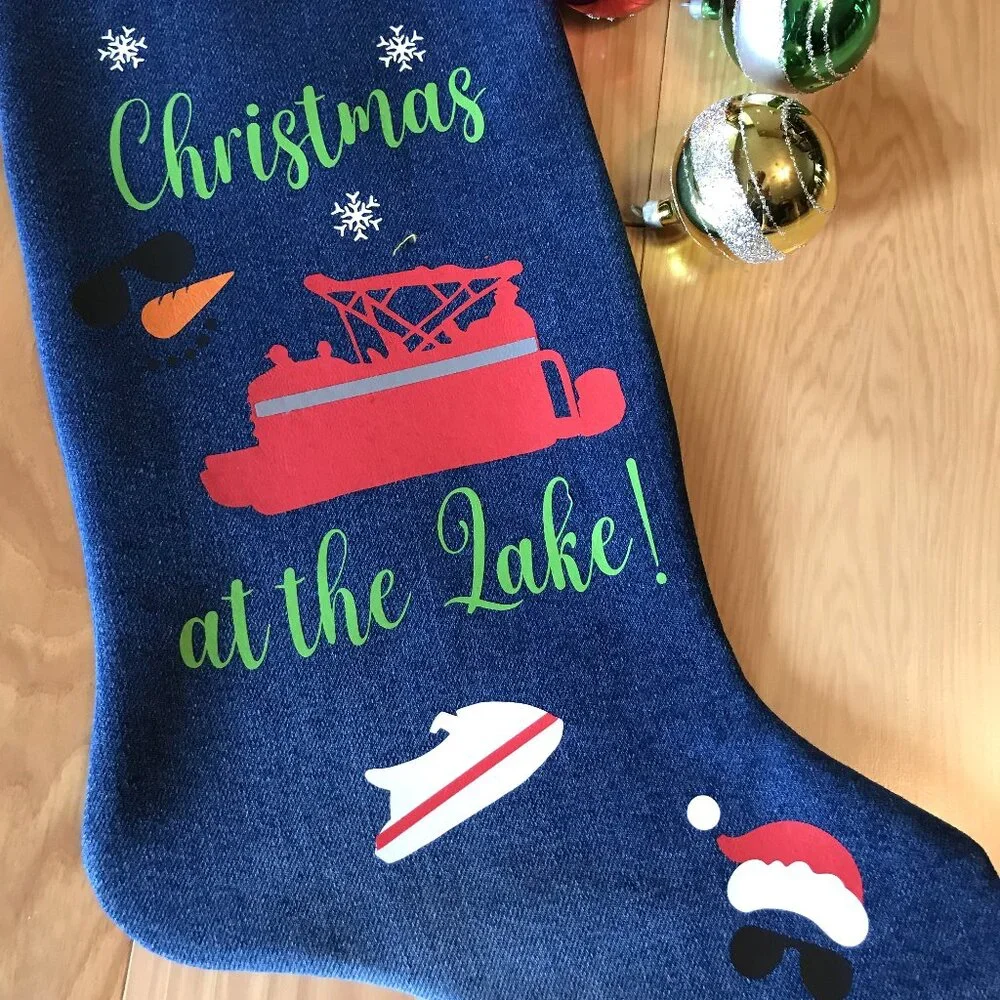Denim Christmas Stocking, Lake House Christmas Decor Pontoon Boating Fishing